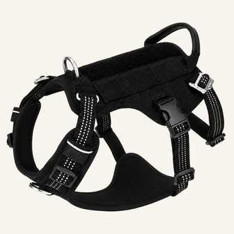 This black tactical-style dog harness features reflective stitching, durable buckles, an integrated handle.