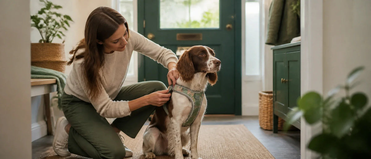 Owner fitting a floral reflective dog harness on a calm spaniel before a walk - Petifo