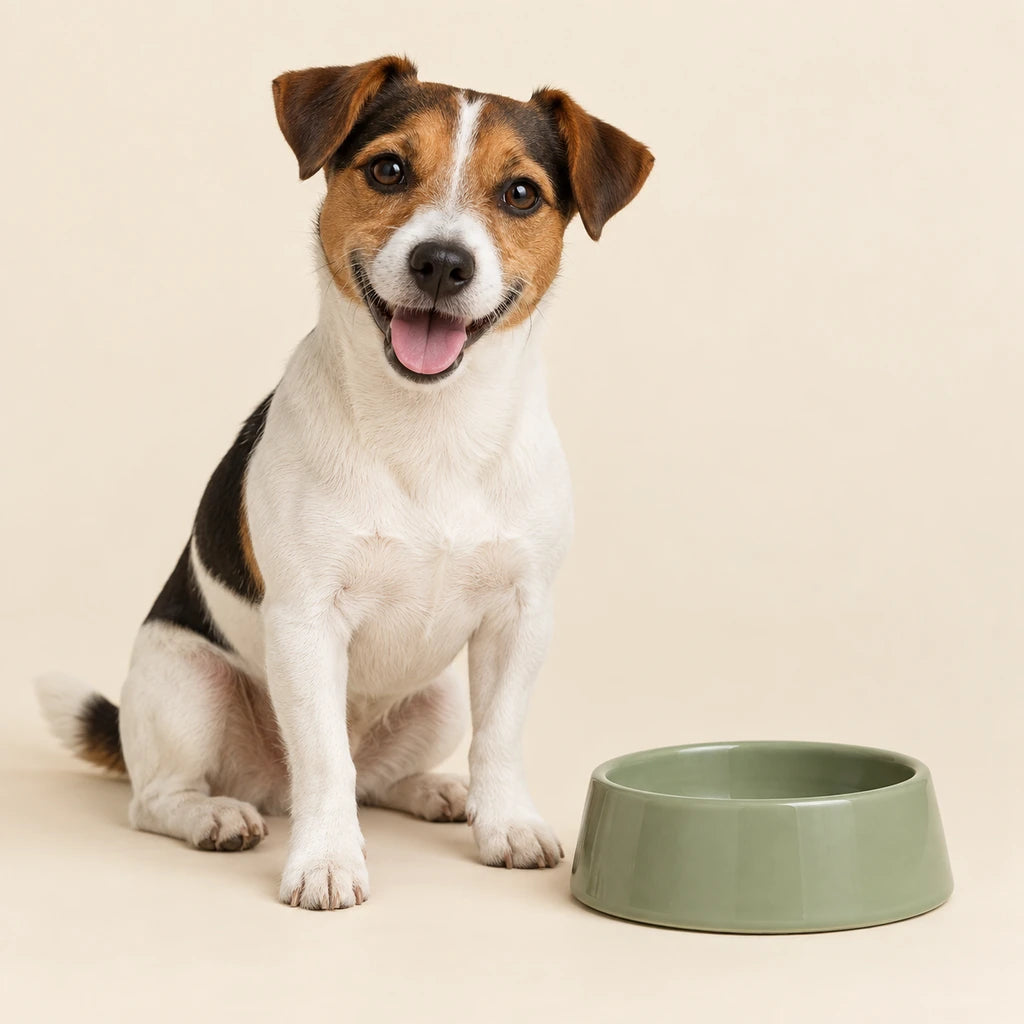 Tricolour Jack Russell beside a sage pet bowl on a clean cream background - Petifo