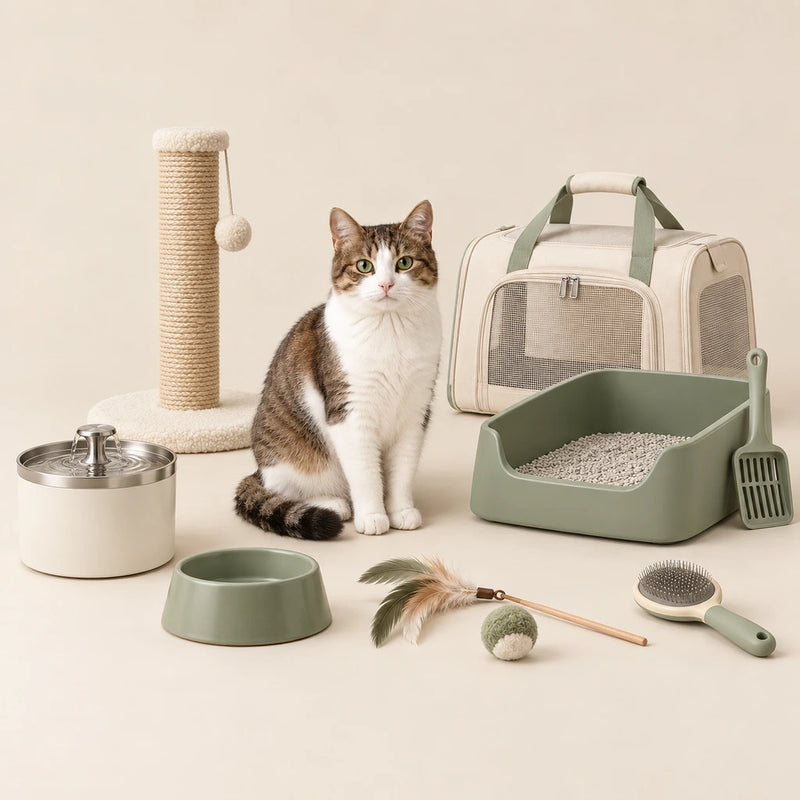 Cat with a scratching post, litter tray, fountain, bowl, toys, brush and carrier on a clean cream background - Petifo