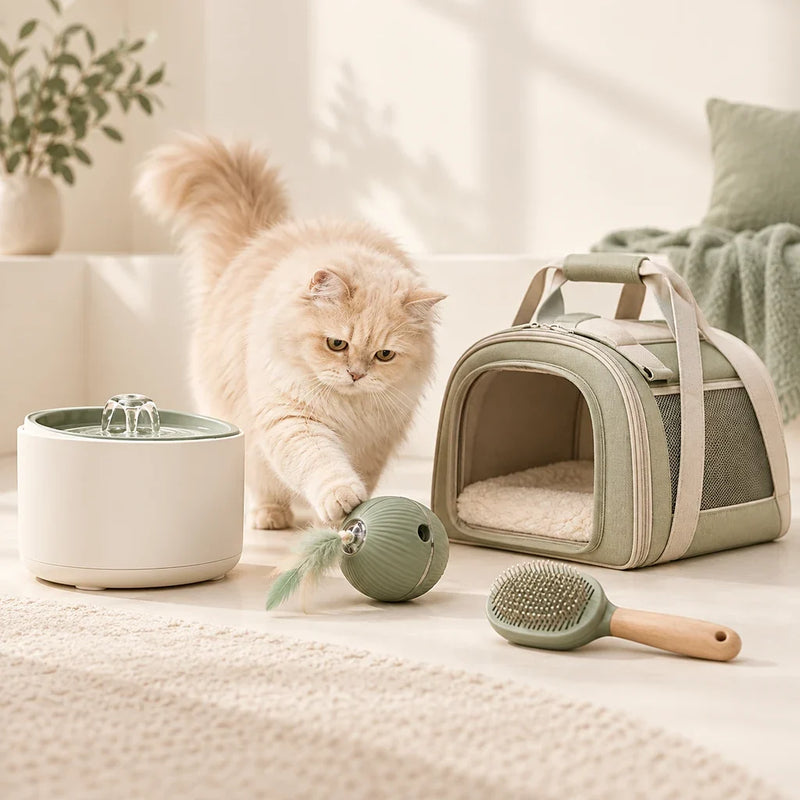 Cream longhair cat exploring new cat accessories in a warm Petifo studio