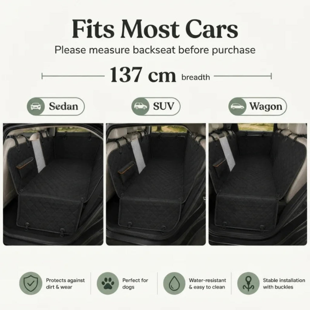 Dog car seat cover with a 137 cm breadth, highlighting its compatibility with sedans