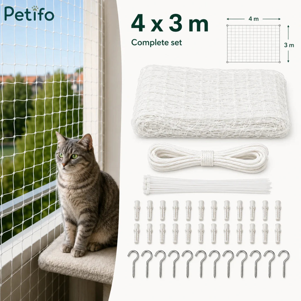 Complete 4x3m white cat safety net bundle shown beside a gray tabby cat on a balcony perch.