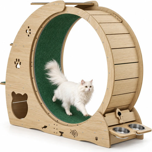5-in-1 Cat Wheel & Tree - natural beige station with cat - Petifo