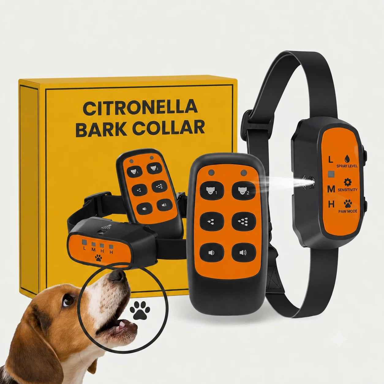 A citronella bark collar training set, featuring a Orange product box
