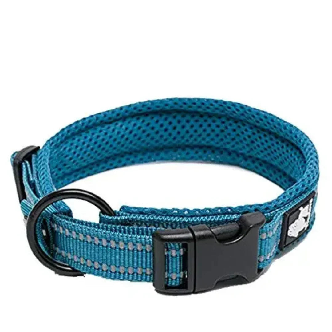 A blue, breathable mesh dog collar featuring reflective detailing and a sturdy black plastic buckle.