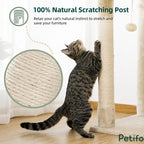 A close-up view of a cat using a 100% natural sisal-wrapped scratching post, highlighting the durable texture meant to protect home furniture.