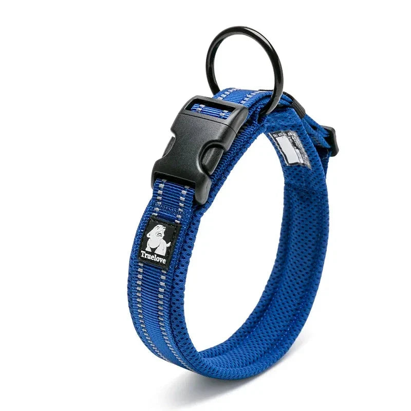 A professional product shot of a blue, breathable mesh dog collar with a black buckle, a metal D-ring, and a "Truelove" brand label.