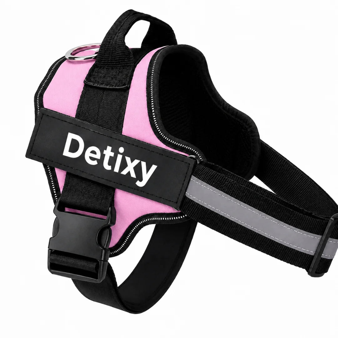 A vibrant pink reflective dog harness featuring adjustable black straps, a heavy-duty buckle, and a "Detixy" brand patch.