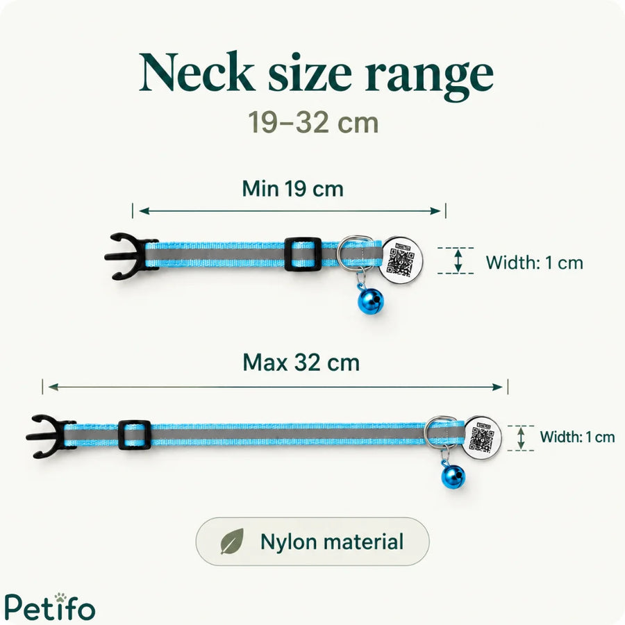 Infographic met het verstelbare bereik van de nylon halsmaat van 19 tot 32 centimeter en een breedte van 1 centimeter voor de kattenhalsband.