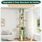 An overview of an upgraded 2-post structure green cactus cat tree, showing the full play space and climbing path for cats.