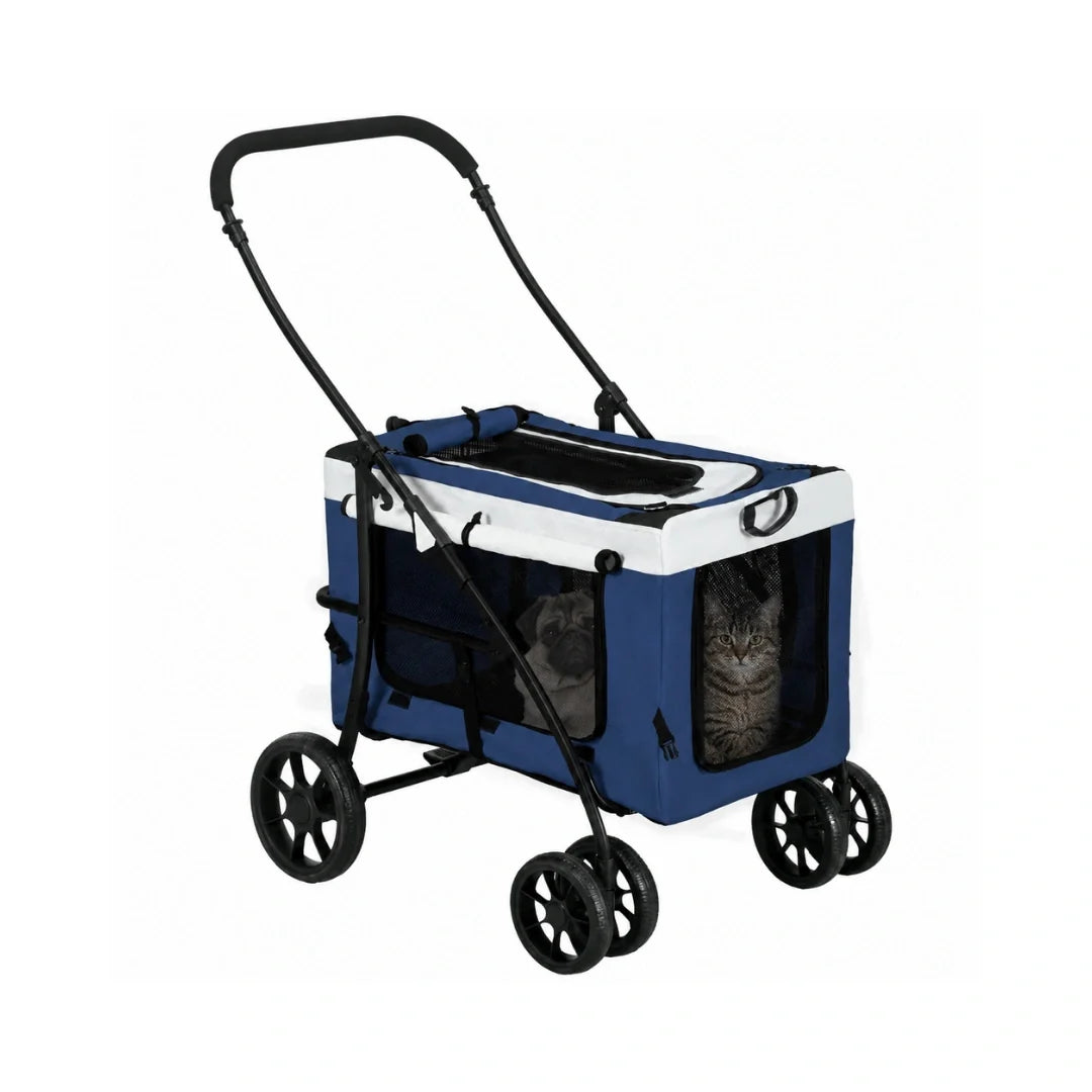 Petifo royal blue multi-pet stroller with black frame featuring a pug and a cat riding inside safely.