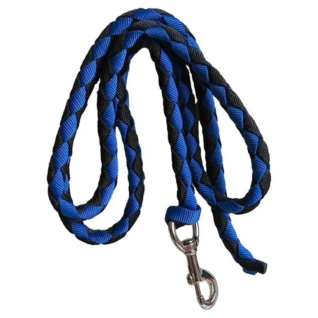 Blue and black braided equestrian lead rope with a sturdy silver swivel snap.