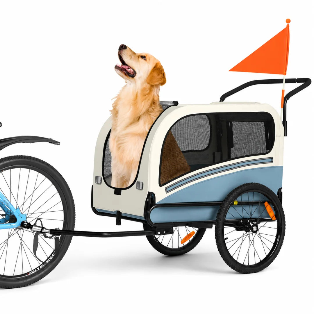 A blue and white 2-in-1 pet bicycle trailer with a high-visibility safety flag for secure pet travel.