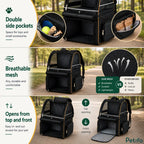 Feature overview highlighting the double side storage pockets, breathable mesh panels, and dual top-and-front zipper openings.