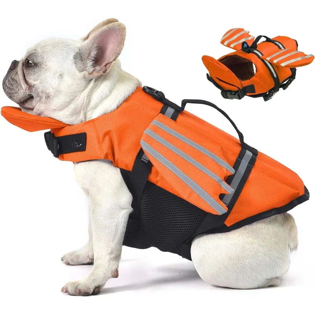 Side profile of a French Bulldog wearing a bright orange dog life jacket featuring adjustable straps and reflective details.