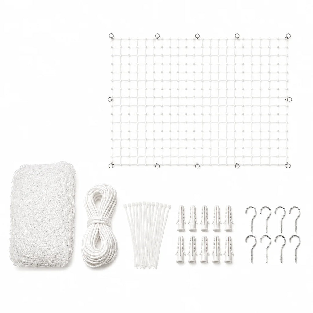 Complete white cat safety net kit including installation rope, cable ties, wall plugs, and metal hooks.