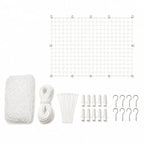Complete white cat safety net kit including installation rope, cable ties, wall plugs, and metal hooks.