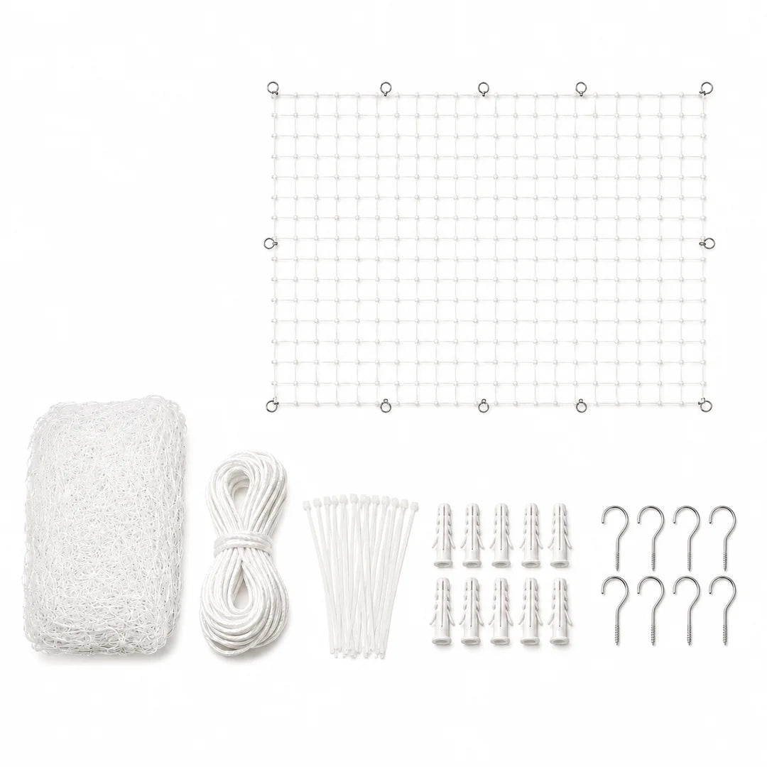 Complete white cat safety net kit including installation rope, cable ties, wall plugs, and metal hooks.