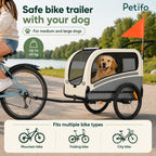 A Petifo pet bike trailer with a 40 kg capacity attached to a bicycle, showing compatibility with mountain, folding, and city bikes.