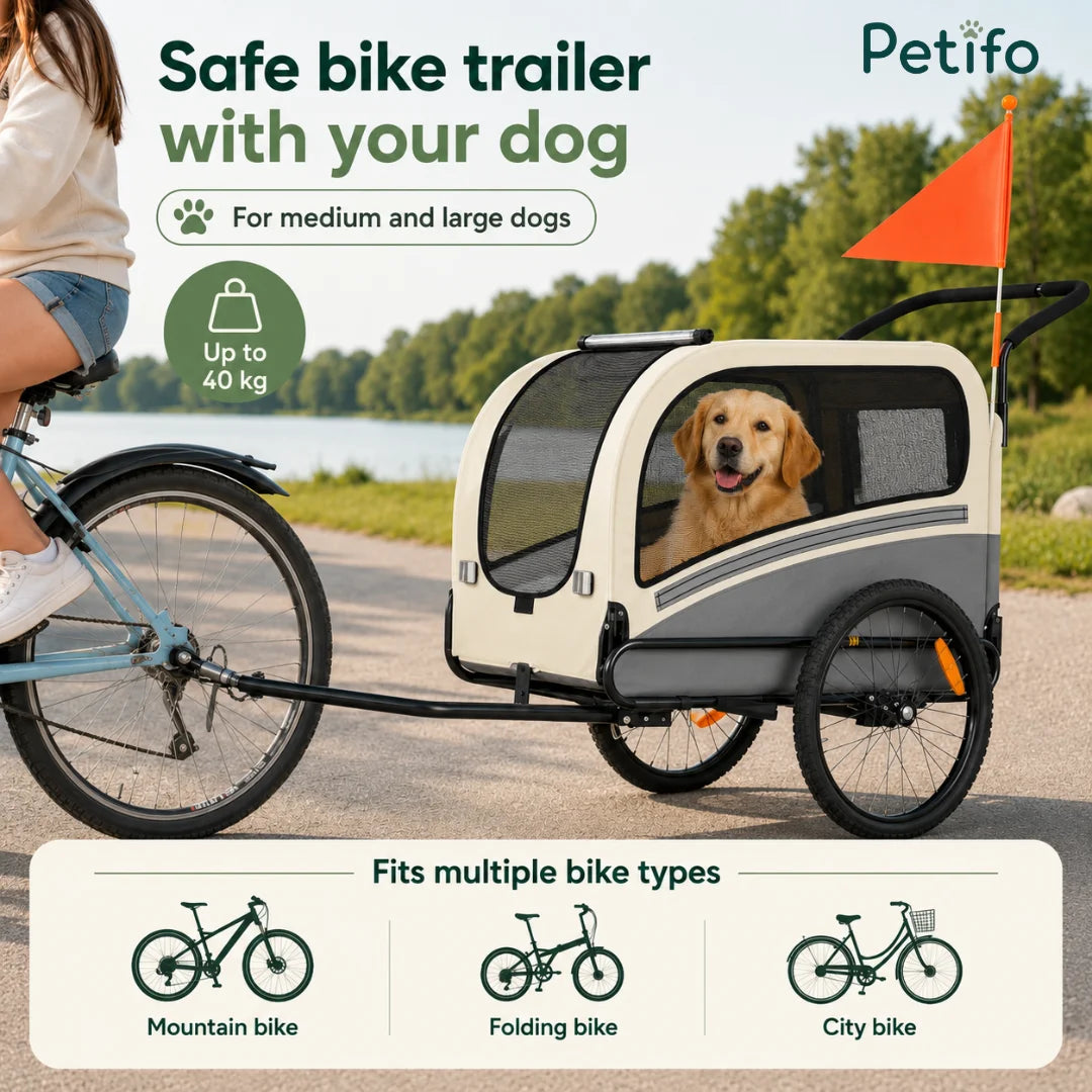 A Petifo pet bike trailer with a 40 kg capacity attached to a bicycle, showing compatibility with mountain, folding, and city bikes.