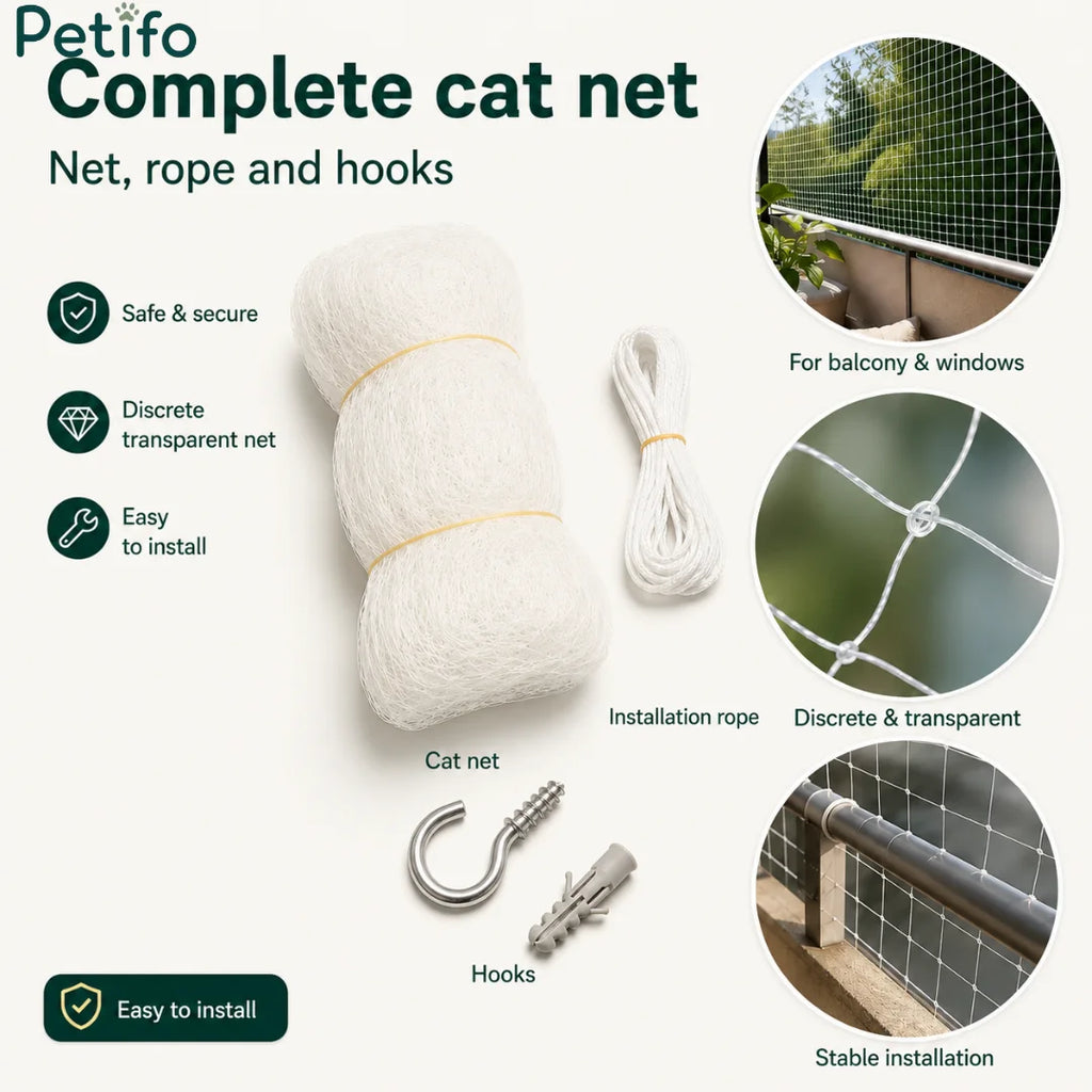 Complete white cat net kit with installation rope and mounting hardware for secure balconies.