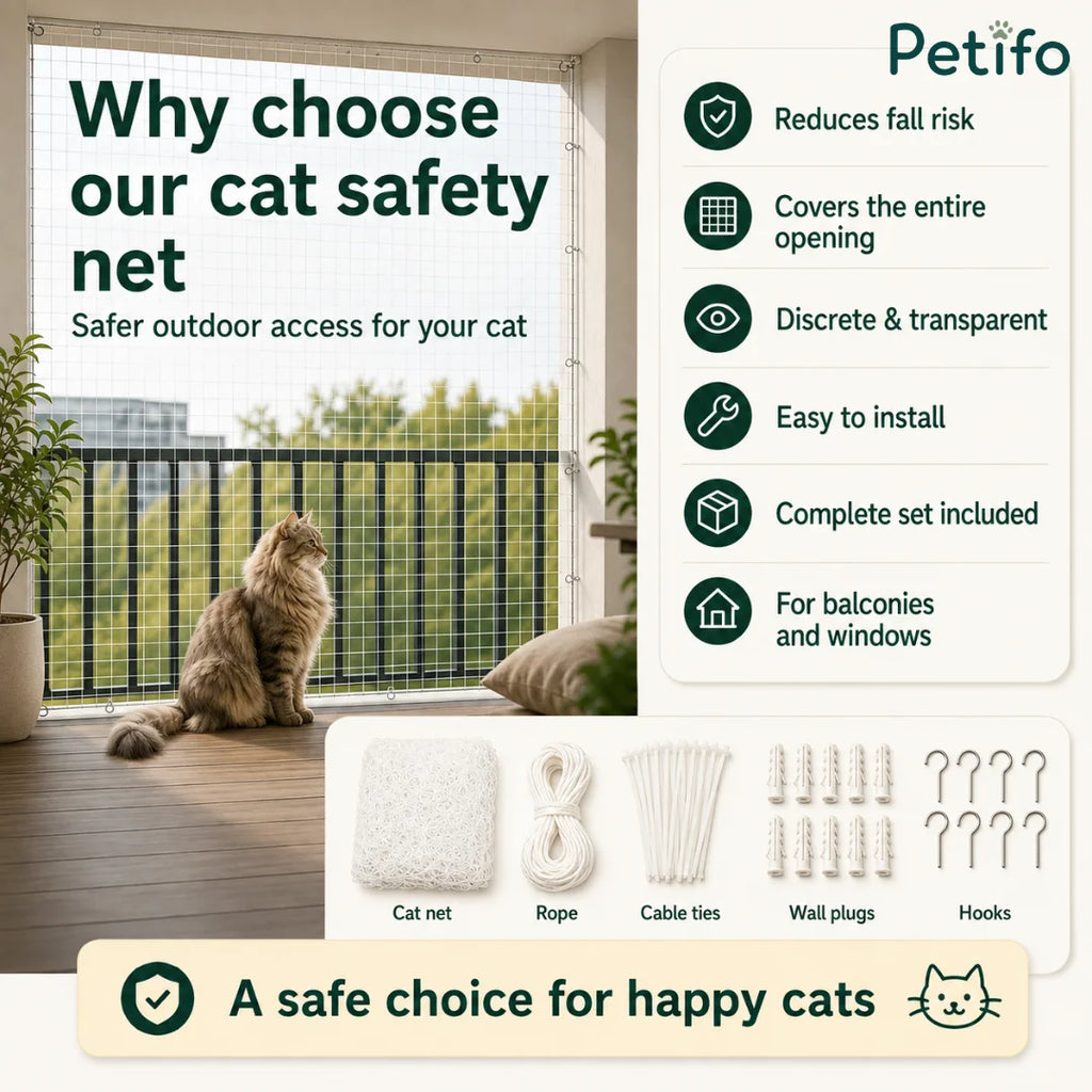 Comprehensive cat safety net package featuring a mesh roll, rope, cable ties, plugs, and hooks.