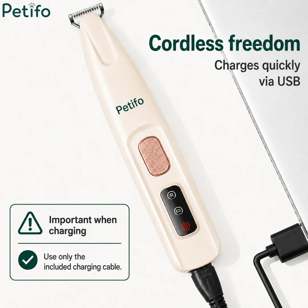 Cordless white pet grooming trimmer connected to a USB charging cable with a charging instructions overlay.