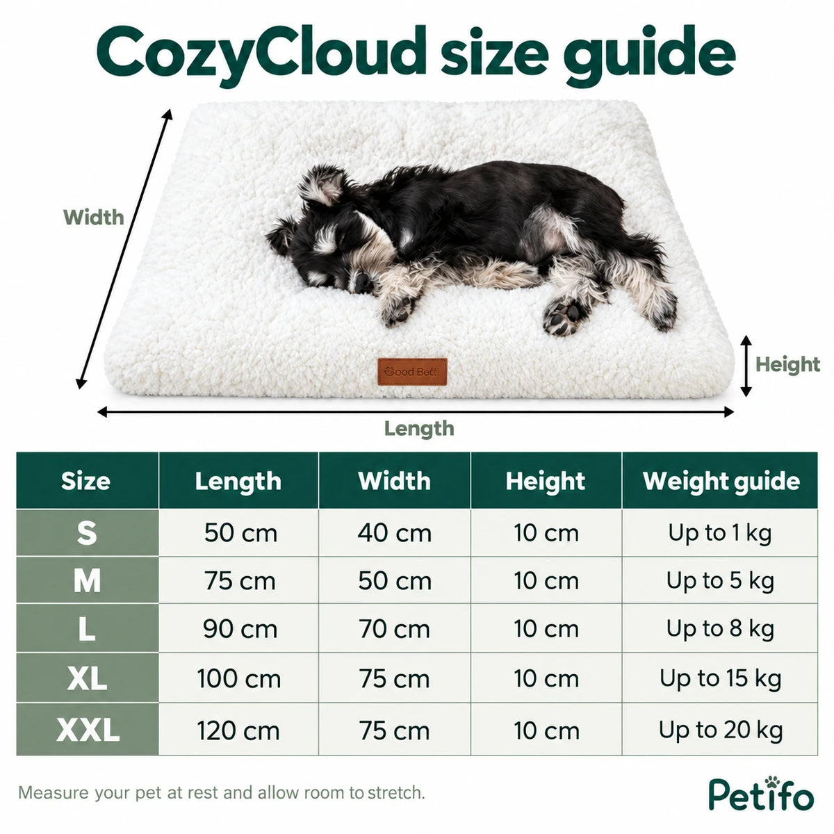 CozyCloud size guide with dimensions and weight guidance from S to XXL