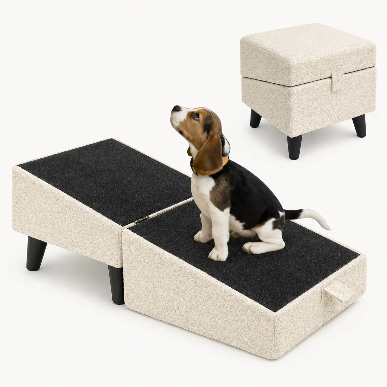 Studio hero shot displaying the cream Lunatto Dog Ramp 2.0 deployed alongside its folded