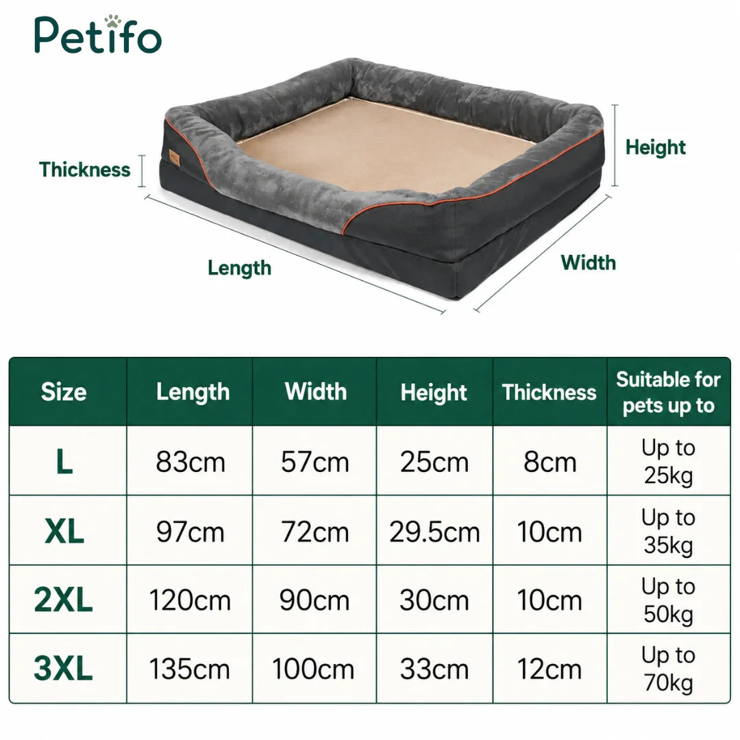 A detailed size chart for a Petifo rectangular dog bed, listing dimensions and weight capacities for sizes ranging from L to 3XL.