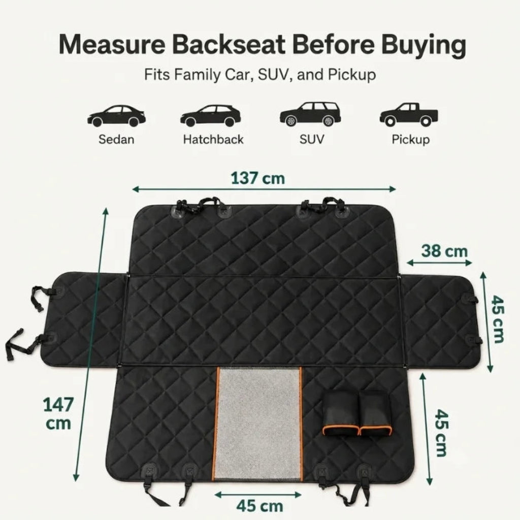 Detailed measurement diagram of the 137 cm car back seat cover, suitable for sedans, hatchbacks, SUVs, and pickups.