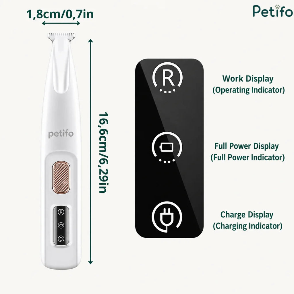 A product dimension and indicator guide explaining the 16.6 cm length, 1.8 cm blade width, and digital display icons.