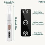 A product dimension and indicator guide explaining the 16.6 cm length, 1.8 cm blade width, and digital display icons.