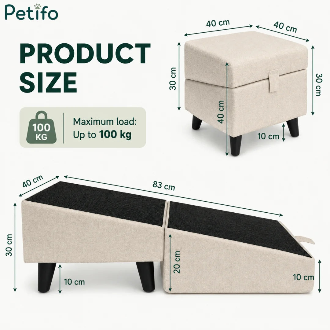 Product dimension diagram detailing the 83 cm total length, 40 cm width, and varying heights up to 30 cm, with a maximum load capacity of 100 kg.