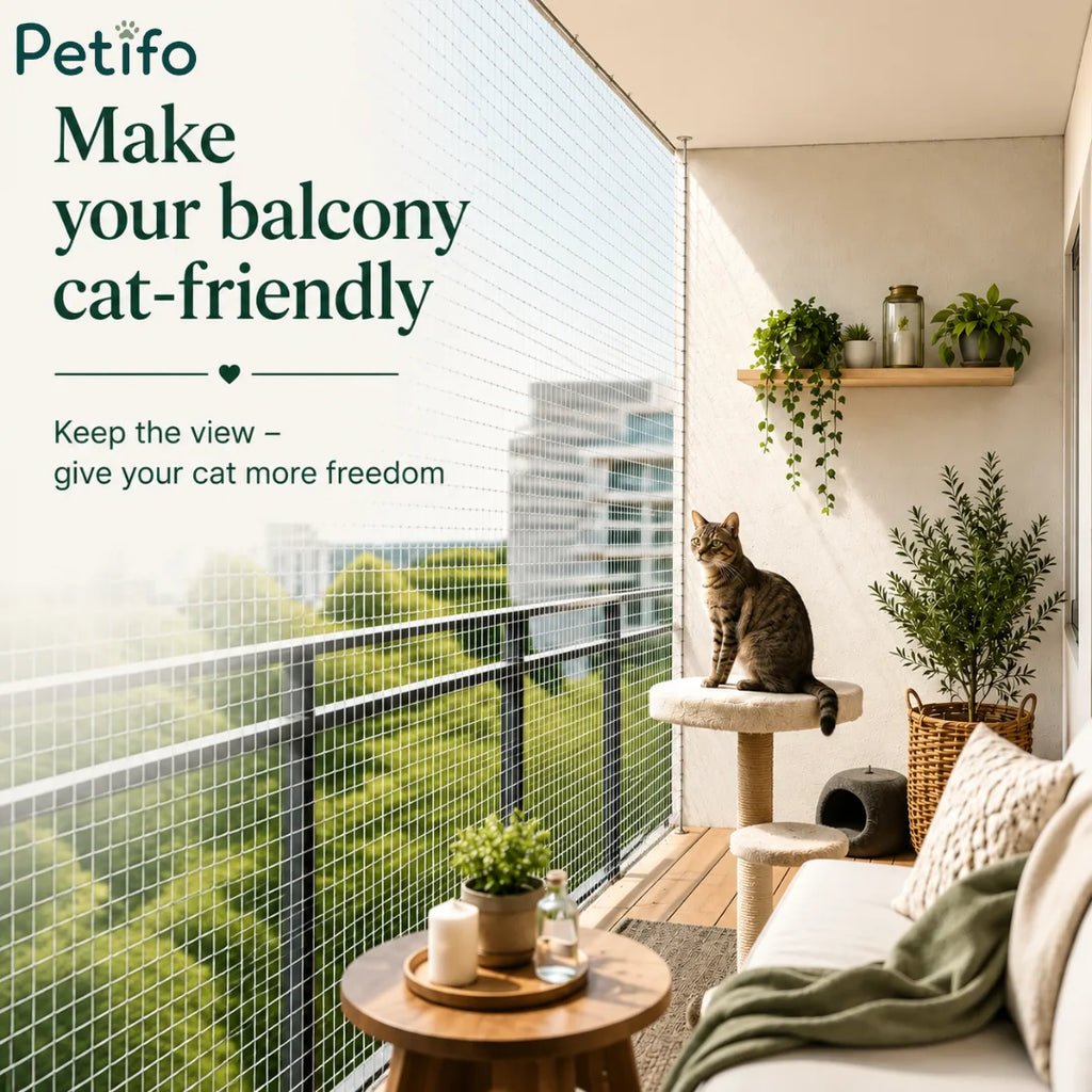 Cozy modern apartment balcony enclosed with a discreet safety net to give cats a secure outdoor view.