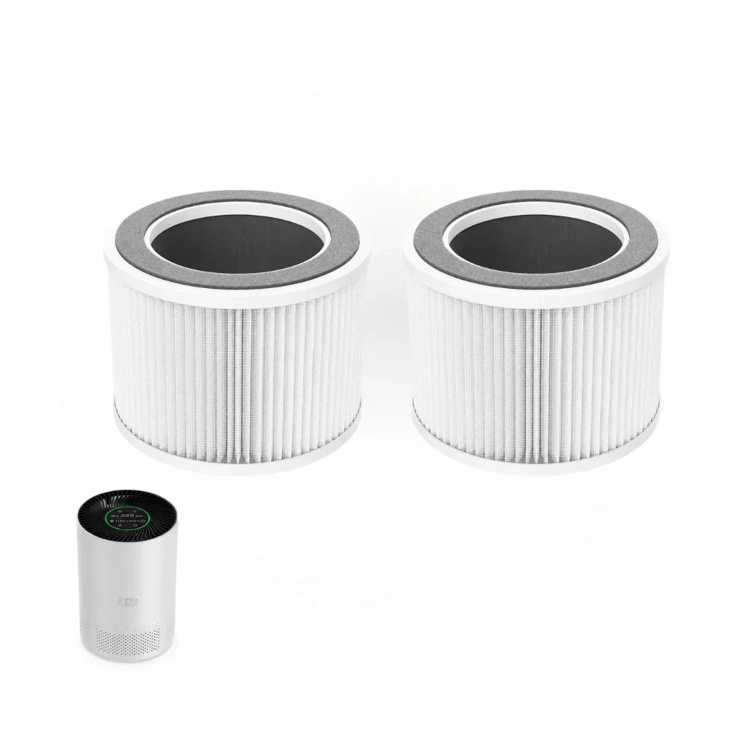 Two replacement HEPA filter cartridges displayed next to a Chuboor air purifier device.