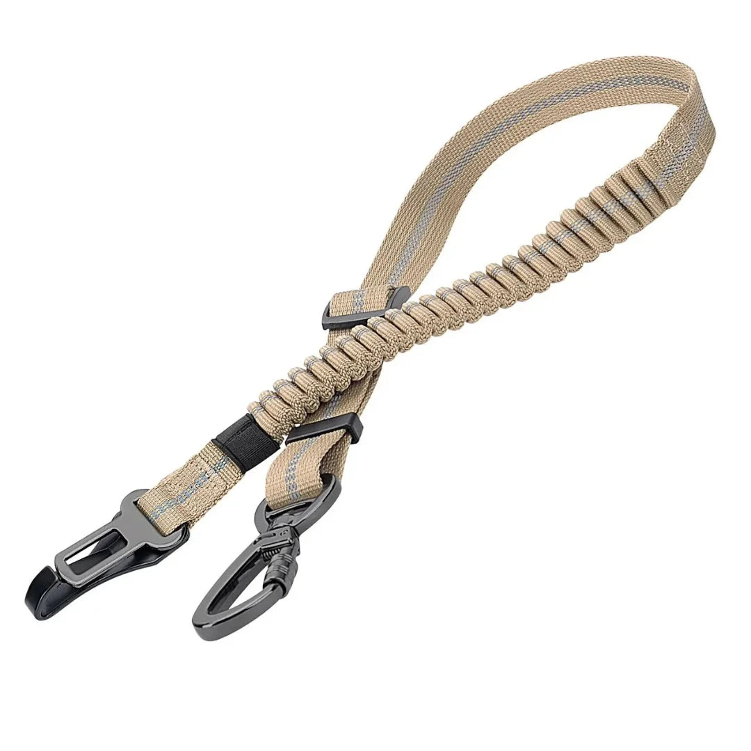 Khaki reflective bungee pet car seat belt with durable metal hardware and a secure buckle clip.