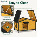 Functional design overview of a wooden dog house featuring an easy-to-clean opening roof and removable floor.
