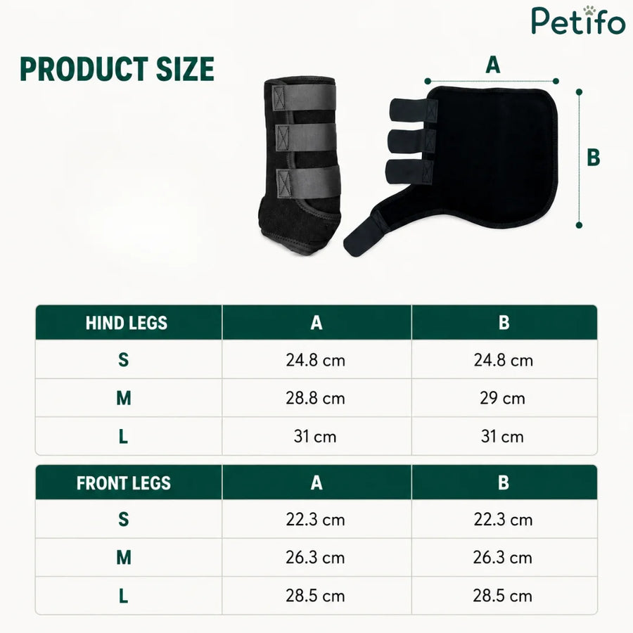 Maattabel met exacte afmetingen voor beenbeschermers voor de achter- en voorbenen van paarden in de maten small, medium en large.