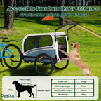 A large blue pet trailer featuring accessible front and rear entry, suitable for dogs with a maximum weight of 45 kg.