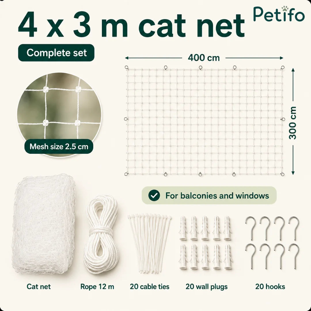 Complete 4x3m cat net kit layout showing the protective mesh net, fixing rope, cable ties, plugs, and hooks.