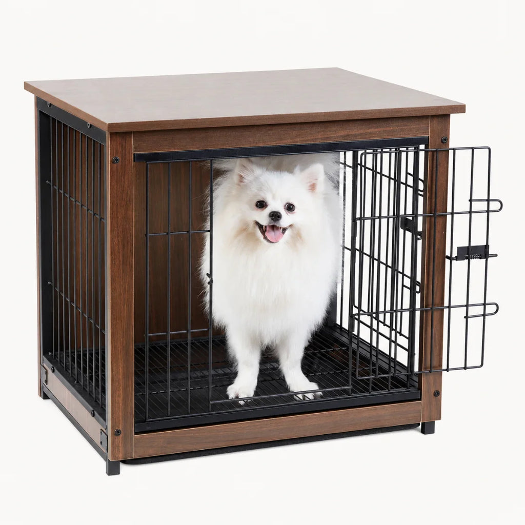 A fluffy white dog relaxing inside a dark wood Petifo dog crate end table styled with a comfortable interior cushion.