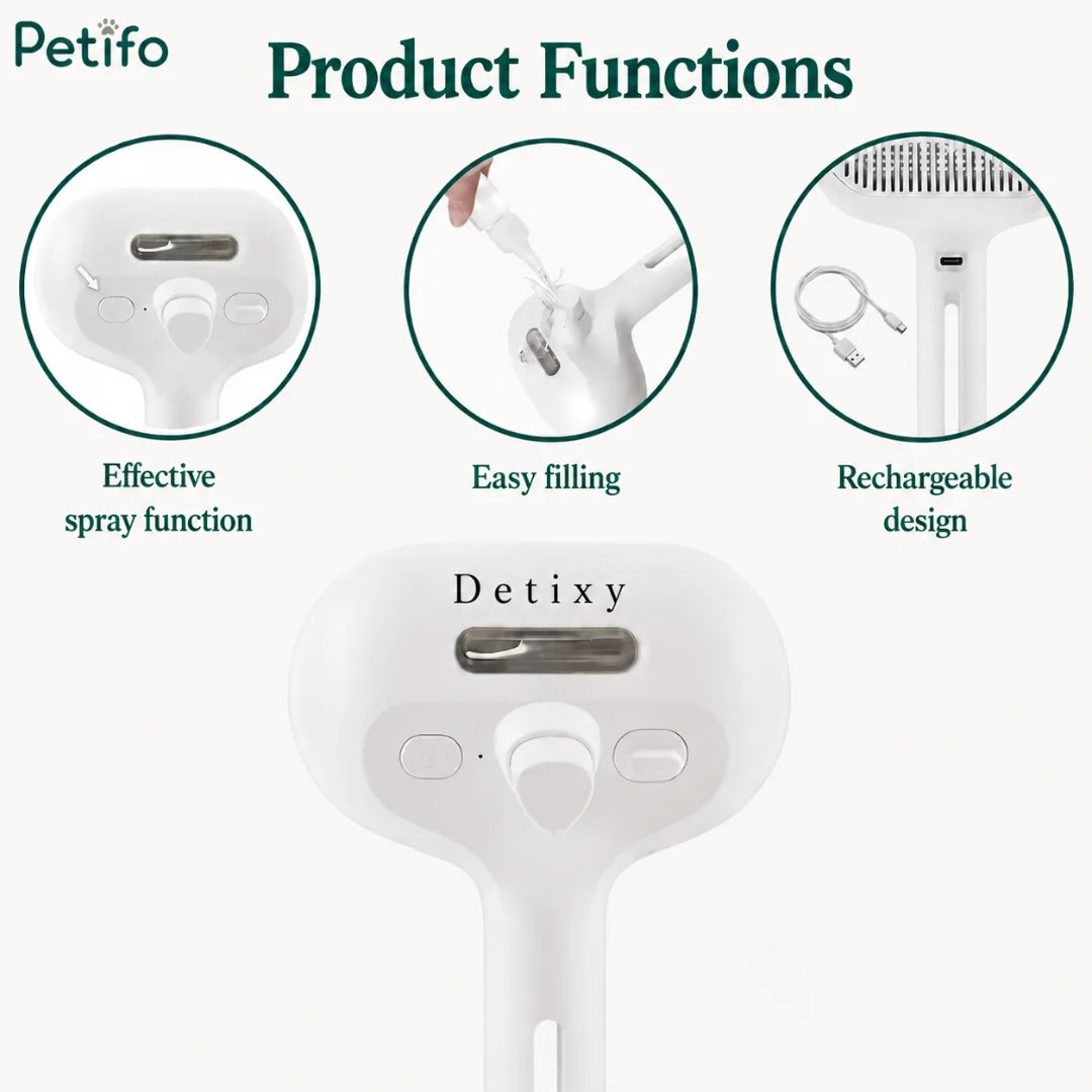 A product functions overview highlighting the effective spray function, easy filling, and rechargeable design of the Petifo grooming brush.