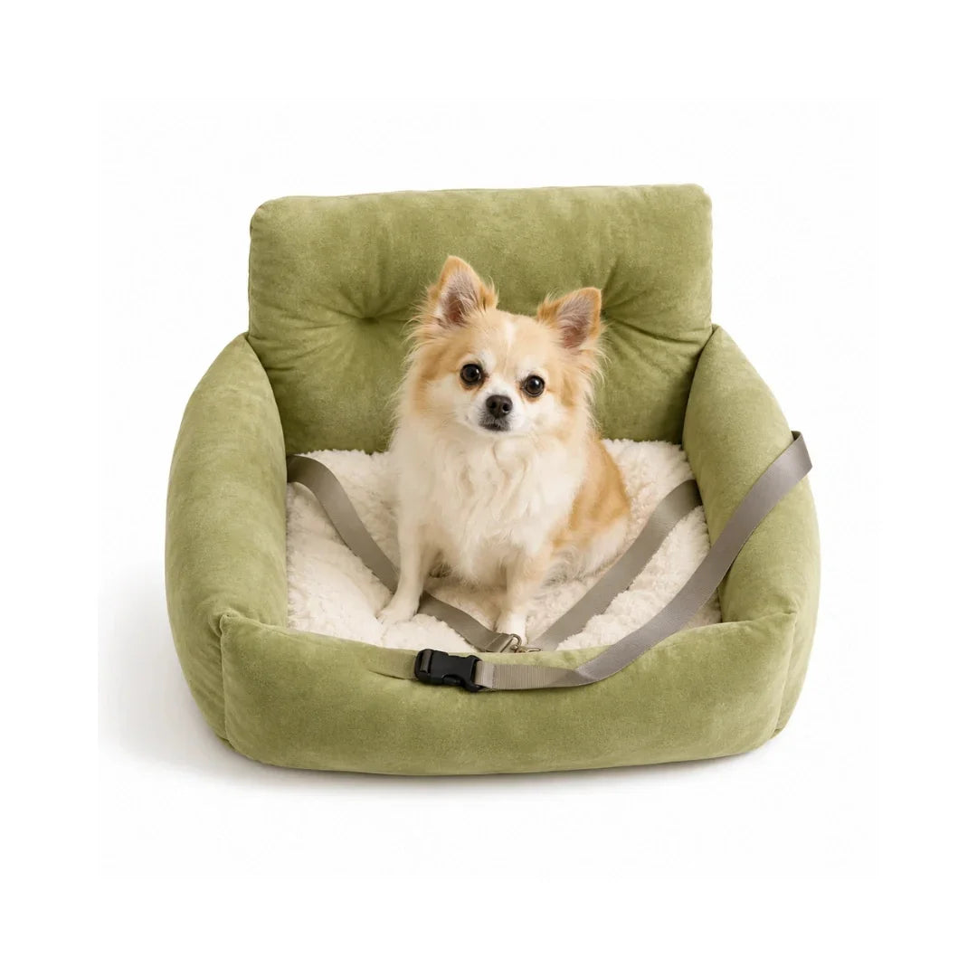 Cute Chihuahua mix sitting inside a cozy sage green plush dog car seat with an integrated safety leash