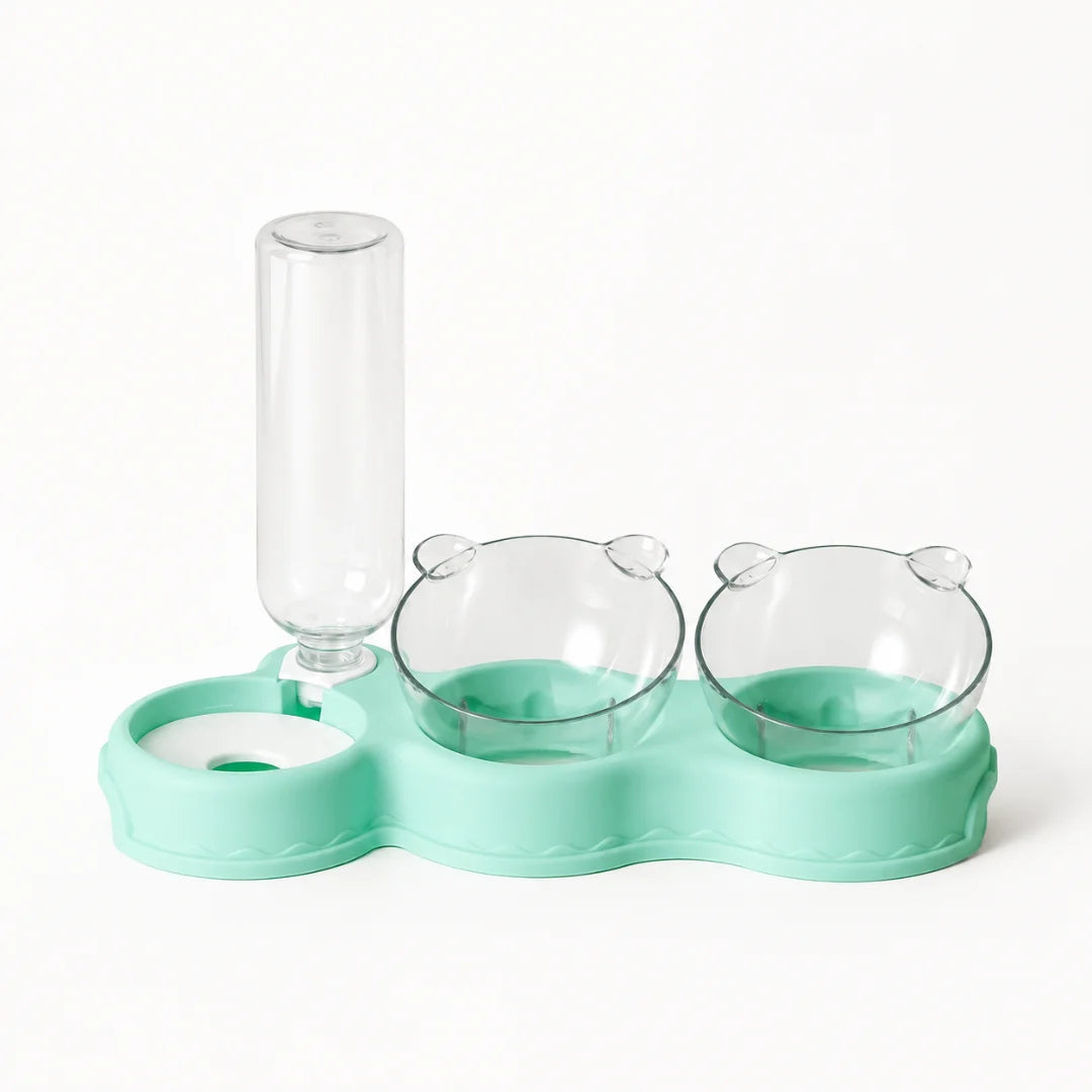 Mint green Petifo automatic pet feeder and waterer set with bear-shaped double bowls.