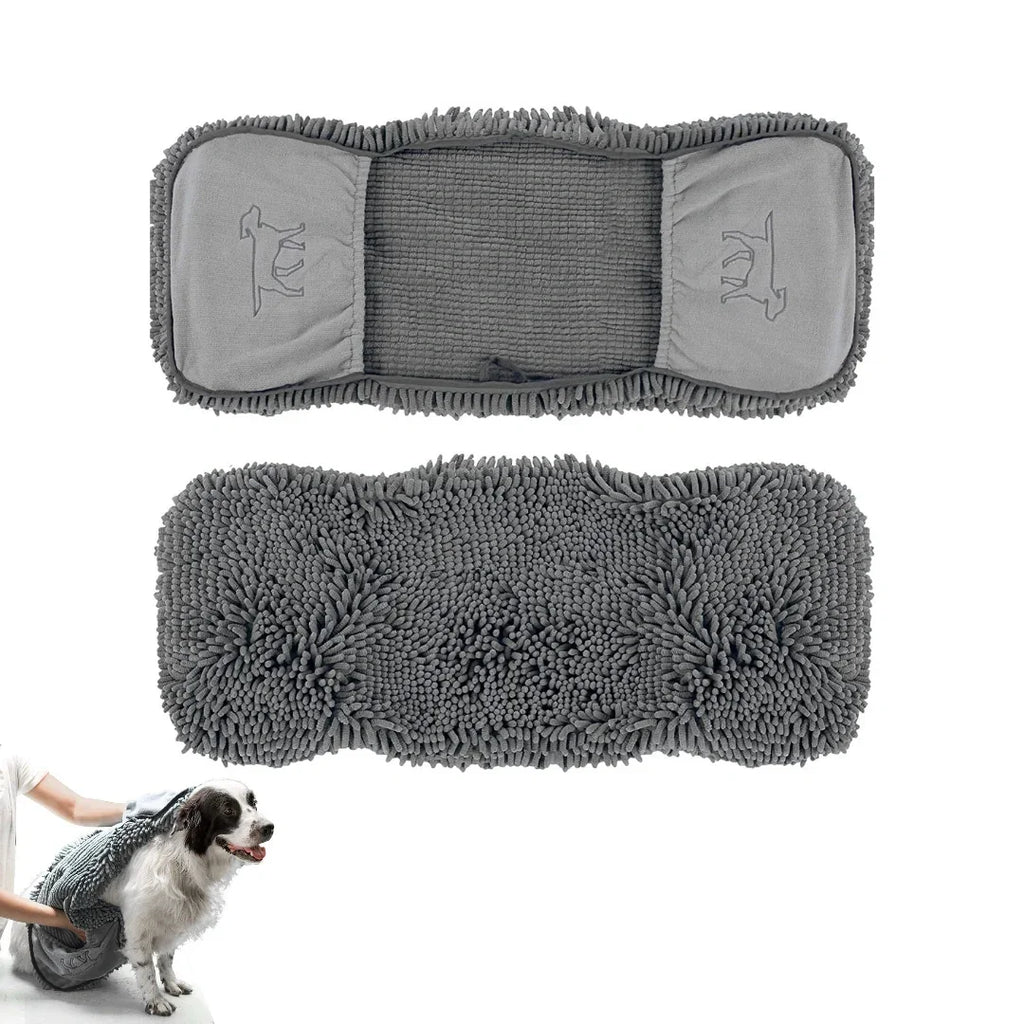 Grey microfiber dog drying towel layout and demonstration with a dog.
