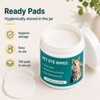 An infographic showcasing a jar of 100 pet eye wipes, highlighting features like hygienic storage and ease of use for daily eye cleaning.