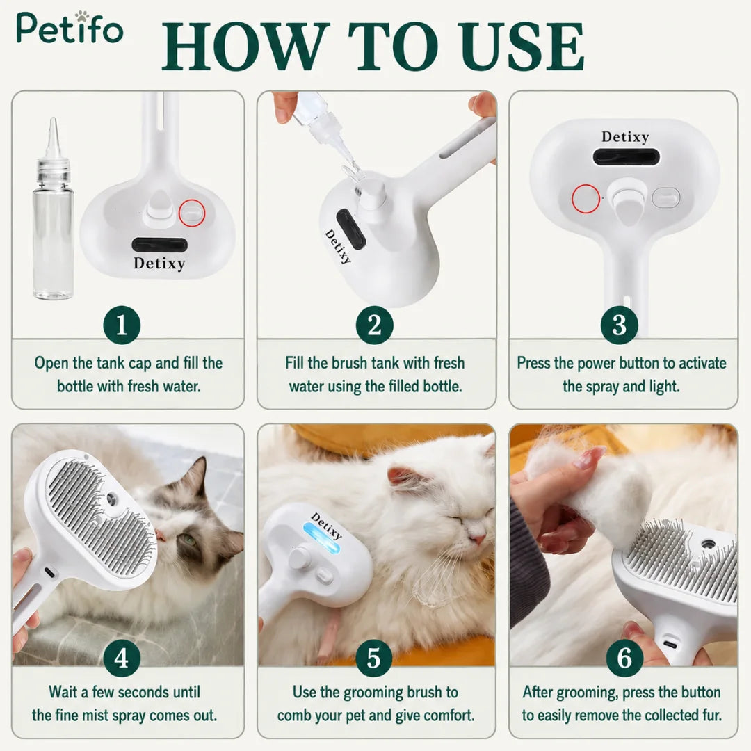 A step-by-step instructional graphic titled "HOW TO USE" illustrating how to fill, spray, groom, and clean the Petifo pet grooming brush.