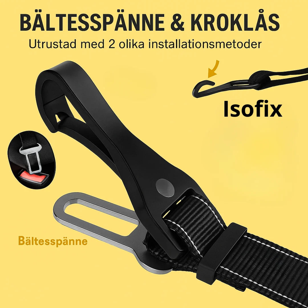 Safety belt for dogs with hook and belt mount – showing two installation methods in a car